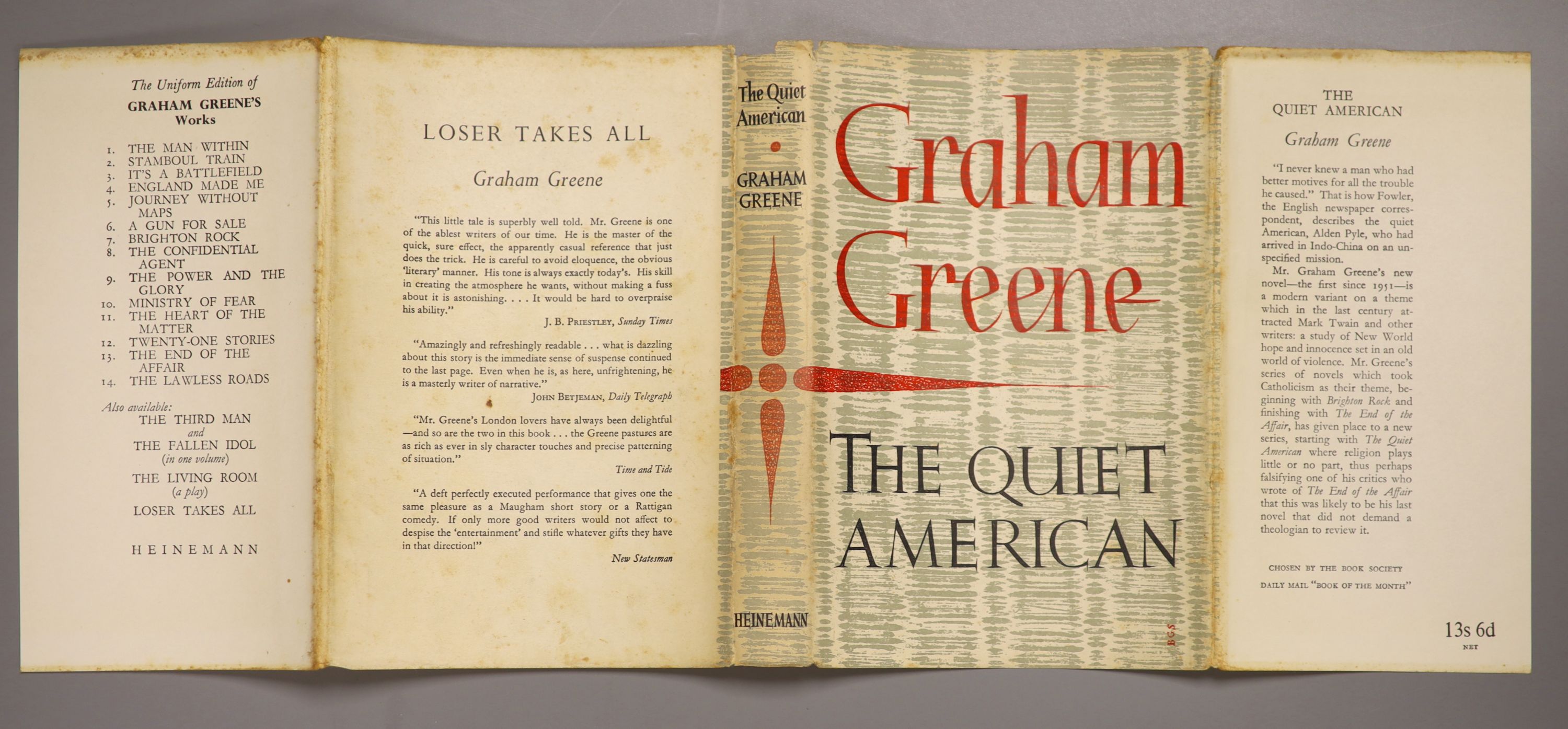 Greene, Graham - The Quiet American, 1st edition, original blue cloth, in unclipped d/j, chipped at head of spine, rear panel spotted, William Heinemann, London, 1955